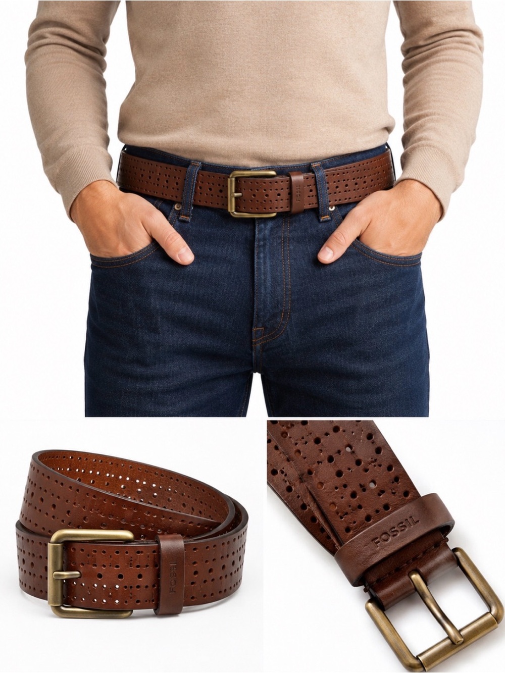 Fossil Men’s Brown Perforated Leather Belt Brass Buckle Casual Dress Belt Medium